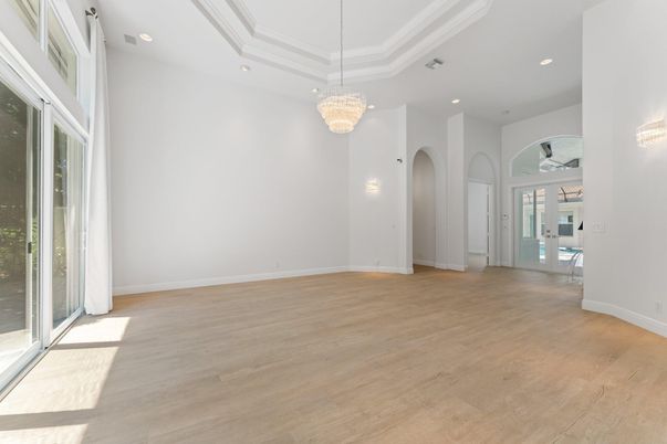 Chandelier, Empty room, Interior, Recessed Lighting, Wood Texture Flooring