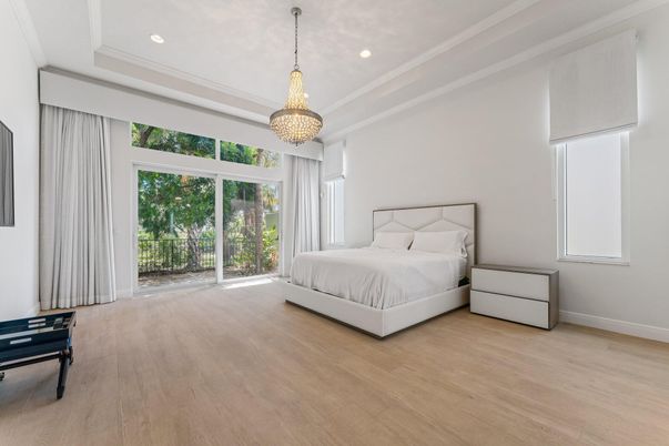 Bedroom, Chandelier, Interior, Recessed Lighting, Wood Texture Flooring