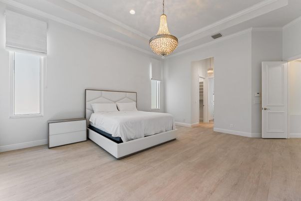 Bedroom, Chandelier, Interior, Recessed Lighting, Wood Texture Flooring