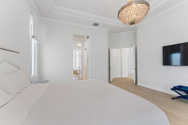 Bedroom, Chandelier, Interior, Pendant Lights, Wood Texture Flooring