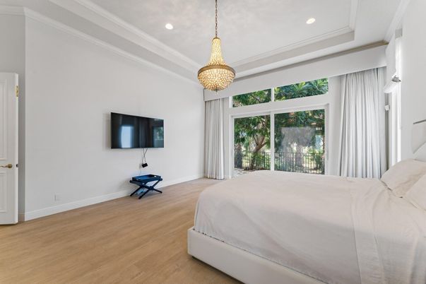 Bedroom, Chandelier, Interior, Recessed Lighting, Wood Texture Flooring
