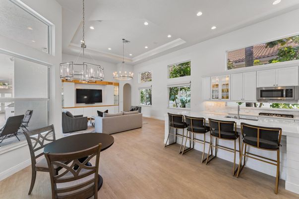 Dining room, Interior, Kitchen, Living room, Pendant Lights, Recessed Lighting, Stainless Steel Appliances, Wood Texture Flooring