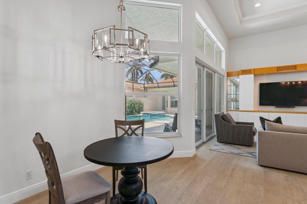Dining room, Interior, Living room, Pendant Lights, Recessed Lighting, Wood Texture Flooring