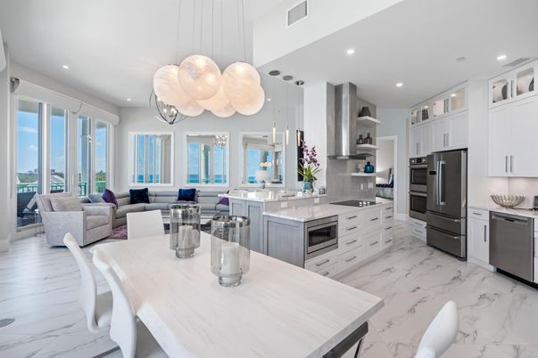 Dining room, Interior, Kitchen, Living room, Marble, Pendant Lights, Recessed Lighting, Stainless Steel Appliances