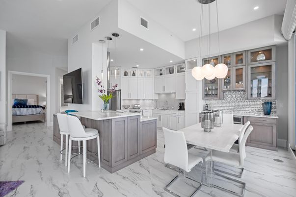Bedroom, Dining room, Interior, Kitchen, Marble, Pendant Lights, Recessed Lighting, Stainless Steel Appliances