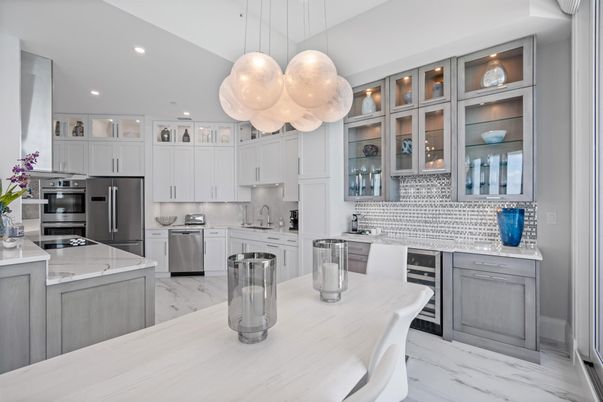 Interior, Kitchen, Marble, Pendant Lights, Recessed Lighting, Stainless Steel Appliances