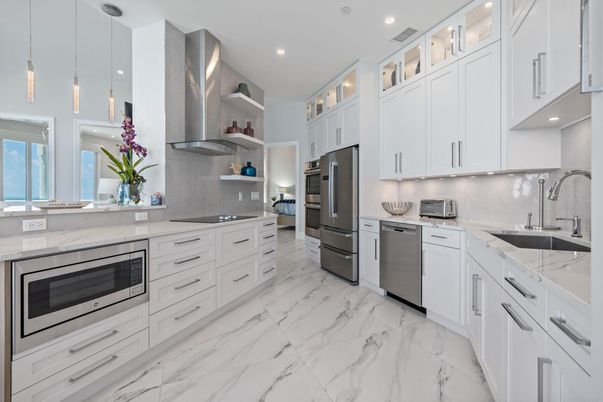 Interior, Kitchen, Marble, Pendant Lights, Recessed Lighting, Stainless Steel Appliances
