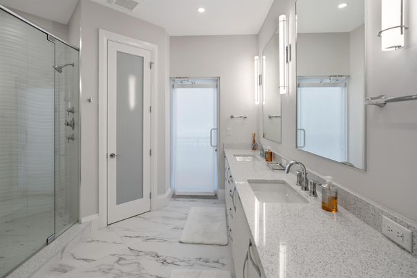 Bathroom, Dual Sink Vanities, Glass Shower, Interior, Marble, Recessed Lighting