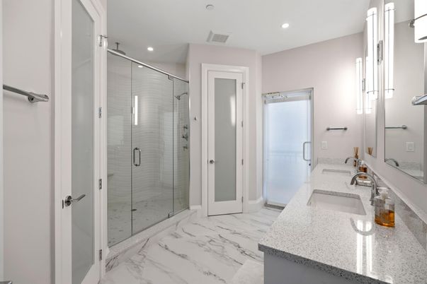 Bathroom, Dual Sink Vanities, Glass Shower, Interior, Marble, Recessed Lighting
