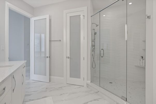 Bathroom, Glass Shower, Interior, Marble, Recessed Lighting
