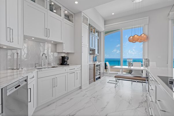 Interior, Kitchen, Marble, Pendant Lights, Recessed Lighting, Stainless Steel Appliances, Water