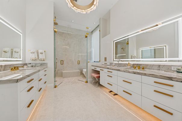 Bathroom, Dual Sink Vanities, Glass Shower, Interior, Marble Walls, Recessed Lighting