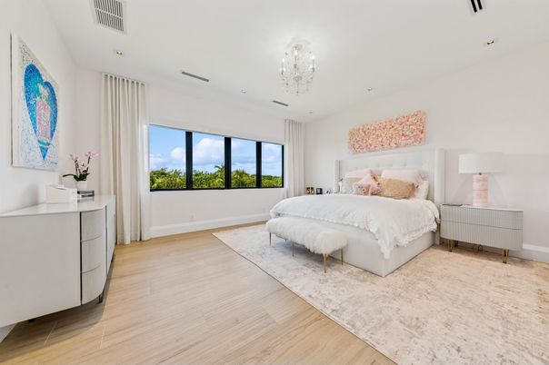 Bedroom, Chandelier, Interior, Recessed Lighting, Wood Texture Flooring