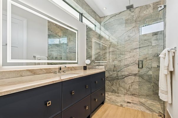 Bathroom, Glass Shower, Interior, Marble Walls, Recessed Lighting, Wood Texture Flooring