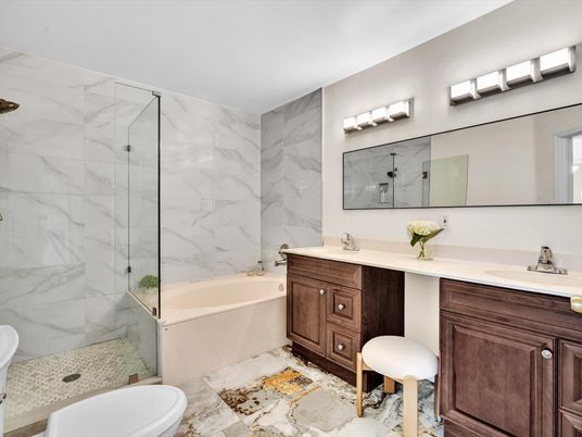 Bathroom, Dual Sink Vanities, Glass Shower, Interior, Marble Walls
