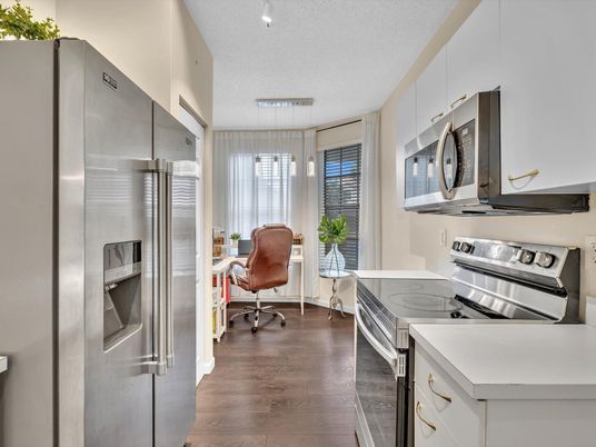 Interior, Kitchen, Pendant Lights, Stainless Steel Appliances, Wood Texture Flooring