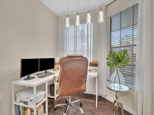 Home Office, Interior, Pendant Lights, Wood Texture Flooring