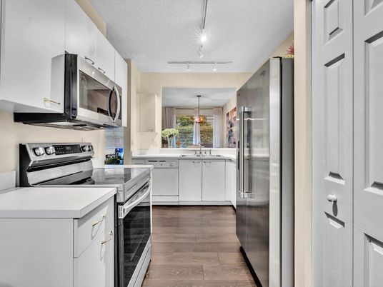 Interior, Kitchen, Pendant Lights, Stainless Steel Appliances, Wood Texture Flooring