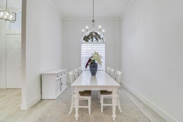 Dining room, Interior, Pendant Lights, Wood Texture Flooring
