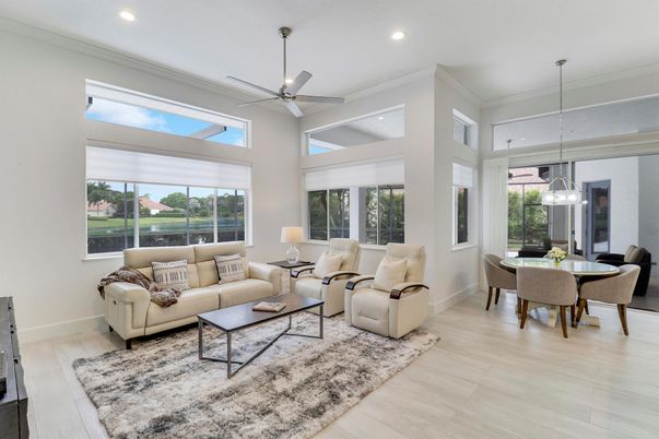 Dining room, Interior, Living room, Pendant Lights, Recessed Lighting, Wood Texture Flooring