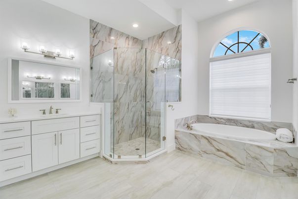 Bathroom, Glass Shower, Interior, Marble Walls, Recessed Lighting