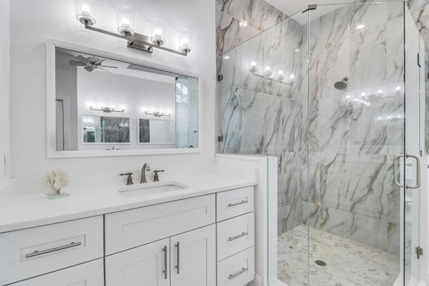 Bathroom, Dual Sink Vanities, Glass Shower, Interior, Marble Walls