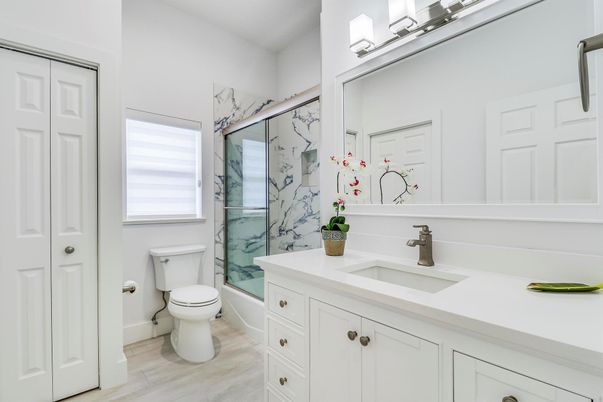 Bathroom, Glass Shower, Interior, Marble Walls, Wood Texture Flooring