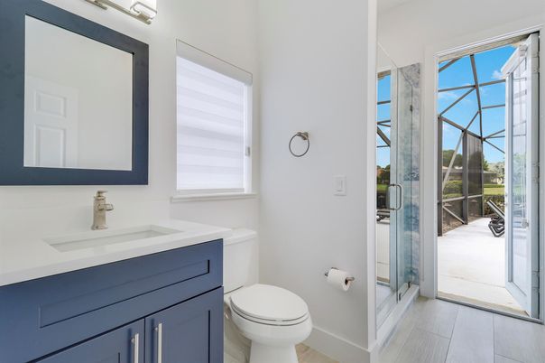 Bathroom, Glass Shower, Interior, Wood Texture Flooring