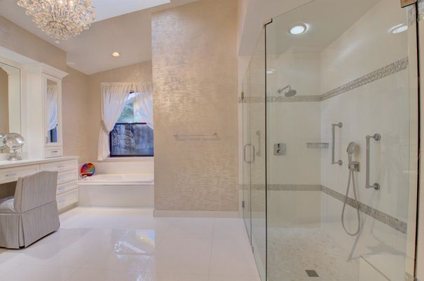 Bathroom, Chandelier, Glass Shower, Interior, Recessed Lighting
