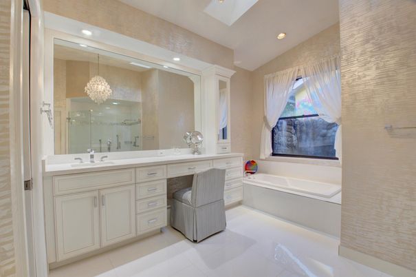 Bathroom, Chandelier, Dual Sink Vanities, Interior, Recessed Lighting