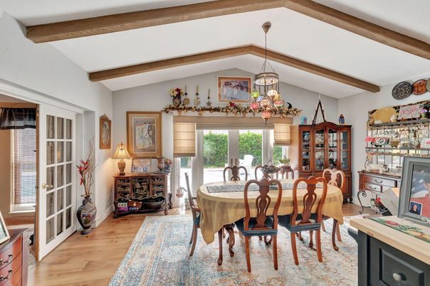 Dining room, Interior, Pendant Lights, Wooden Beams, Wood Texture Flooring