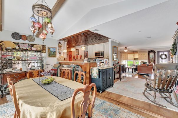 Dining room, Interior, Kitchen, Pendant Lights, Wood Texture Flooring