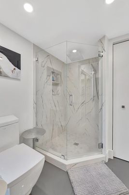 Bathroom, Glass Shower, Interior, Marble Walls, Recessed Lighting