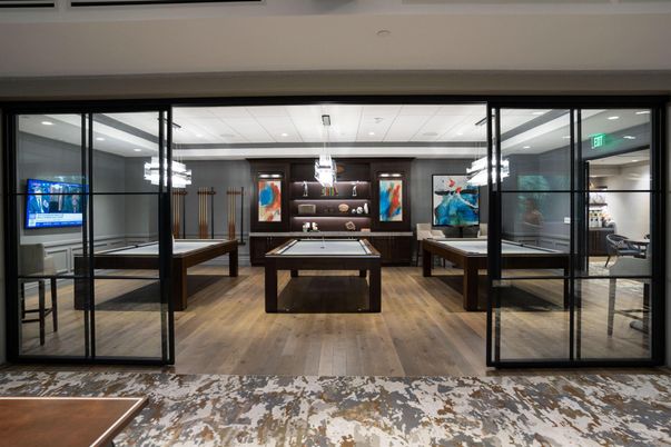 Billiard Table, Game Room, Interior, Pendant Lights, Wood Texture Flooring