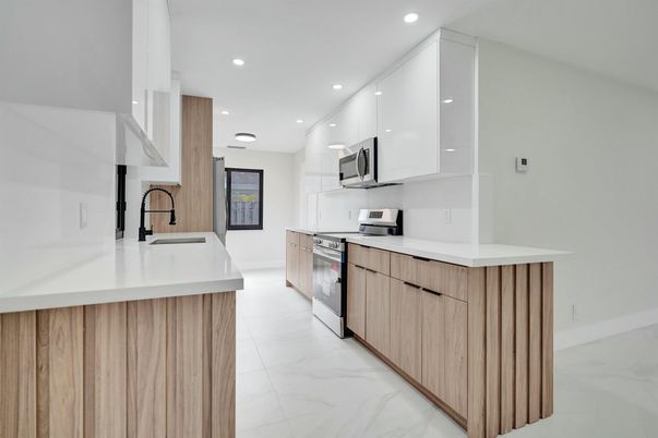 Interior, Kitchen, Marble, Recessed Lighting, Stainless Steel Appliances