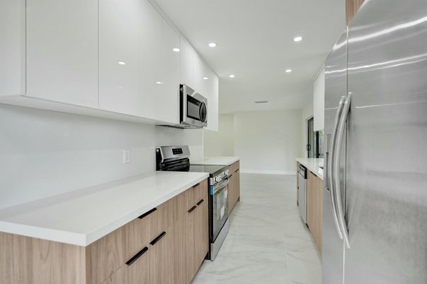Interior, Kitchen, Marble, Recessed Lighting, Stainless Steel Appliances