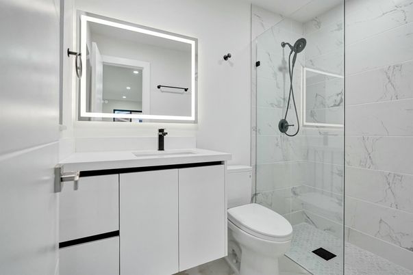 Bathroom, Glass Shower, Interior, Marble Walls, Recessed Lighting
