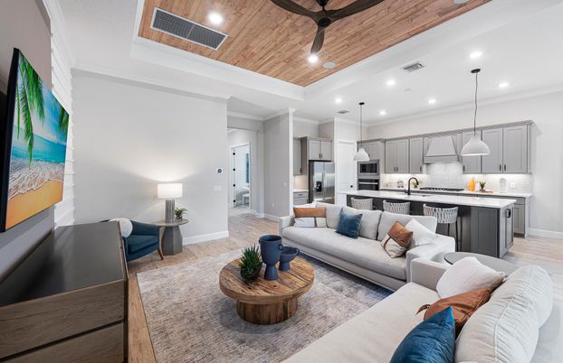 Interior, Kitchen, Living room, Pendant Lights, Recessed Lighting, Stainless Steel Appliances, Wooden Ceilings, Wood Texture Flooring