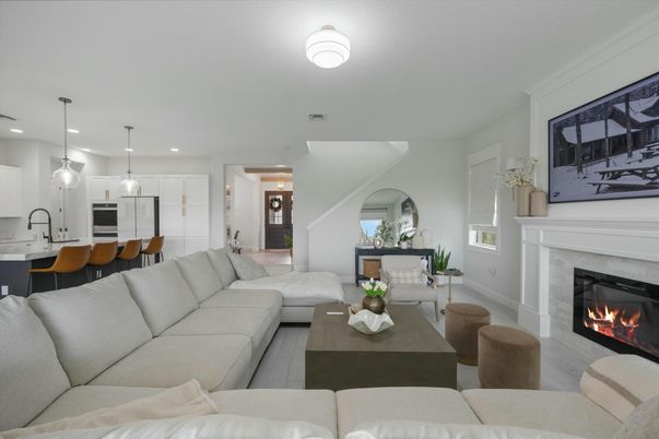 Fireplace, Interior, Kitchen, Living room, Pendant Lights, Recessed Lighting, Wood Texture Flooring