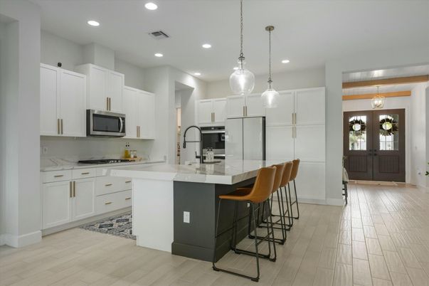Interior, Kitchen, Pendant Lights, Recessed Lighting, Stainless Steel Appliances, Wood Texture Flooring