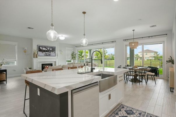 Dining room, Fireplace, Interior, Kitchen, Living room, Pendant Lights, Recessed Lighting, Wood Texture Flooring