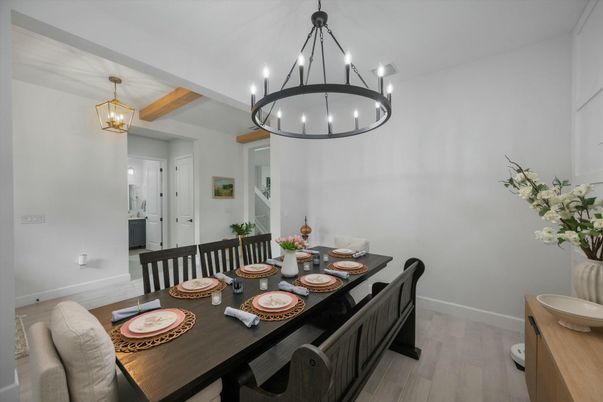 Chandelier, Dining room, Interior, Pendant Lights, Wooden Beams, Wood Texture Flooring