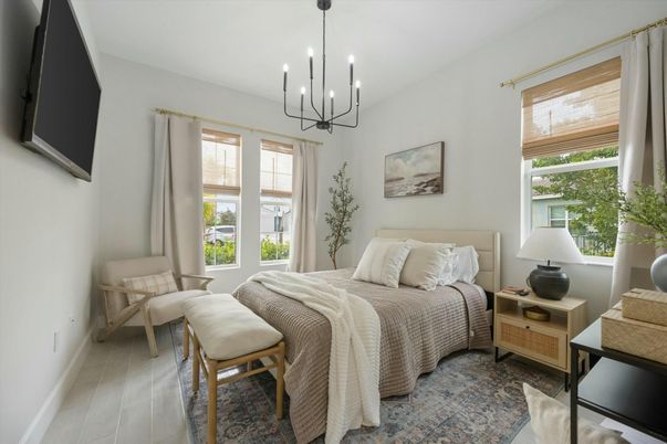 Bedroom, Chandelier, Interior, Pendant Lights, Wood Texture Flooring