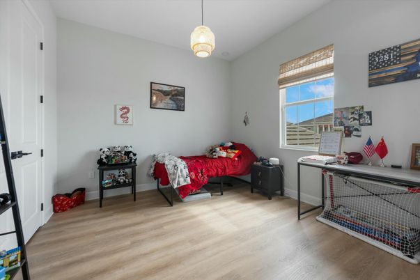 Bedroom, Interior, Pendant Lights, Wood Texture Flooring