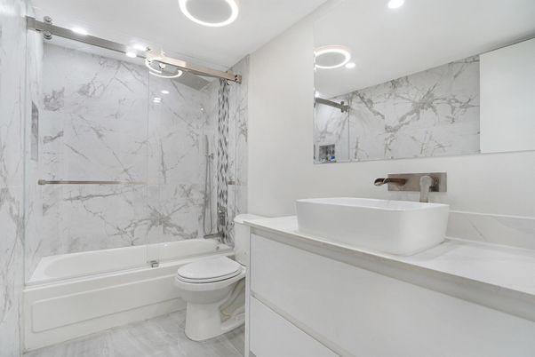 Bathroom, Glass Shower, Interior, Marble Walls, Recessed Lighting