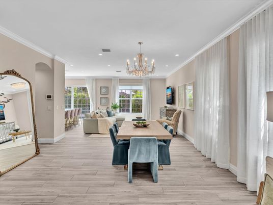 Chandelier, Dining room, Interior, Living room, Recessed Lighting, Wood Texture Flooring