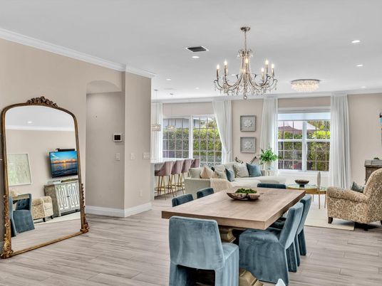 Chandelier, Dining room, Interior, Living room, Recessed Lighting, Wood Texture Flooring