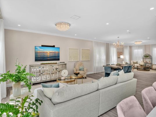 Chandelier, Dining room, Interior, Living room, Recessed Lighting, Wood Texture Flooring