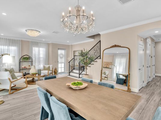 Chandelier, Dining room, Interior, Living room, Recessed Lighting, Wood Texture Flooring