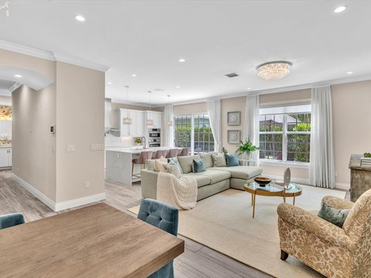 Chandelier, Interior, Kitchen, Living room, Recessed Lighting, Wood Texture Flooring